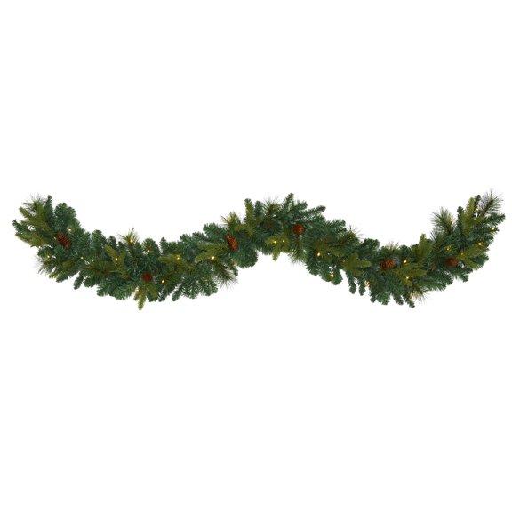 Nearly Natural 6ft Mixed Pine & Pinecone Artificial Garl w/5 Clear LED in Green