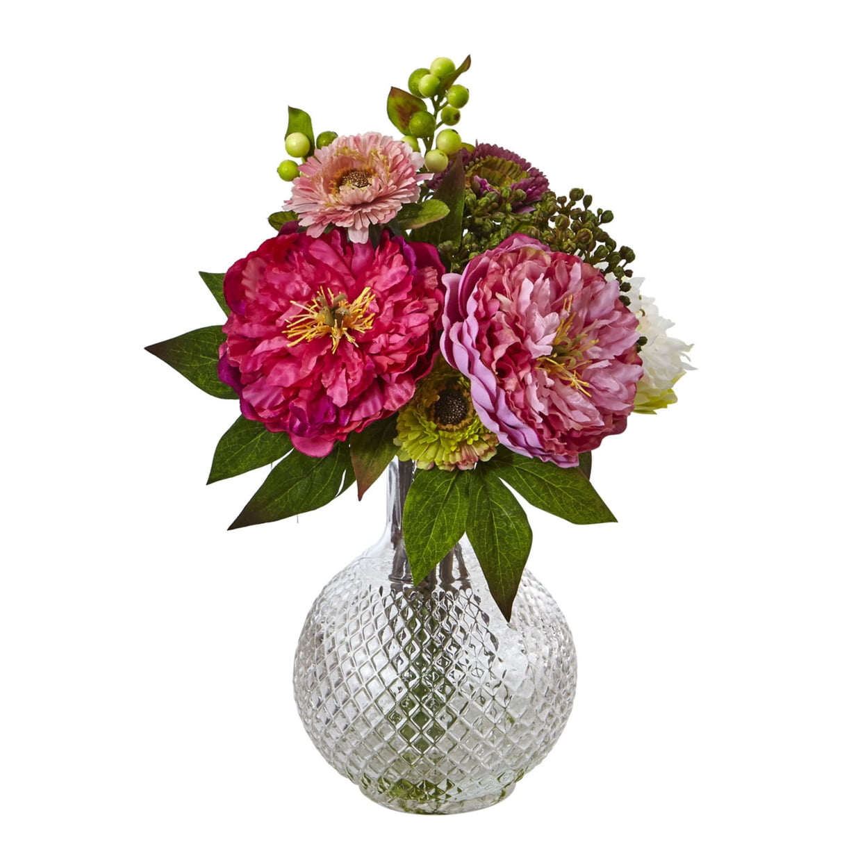 Vibrant Peony & Mum 27" Tabletop Glass Vase Arrangement