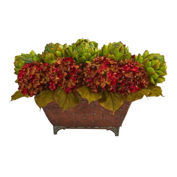 Nearly Natural Hydrangea & Artichokes Artificial Arrangement in Metal Planter