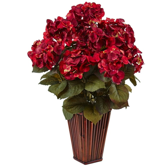 Nearly Natural Hydrangea Silk Arrangement in Bamboo Planter