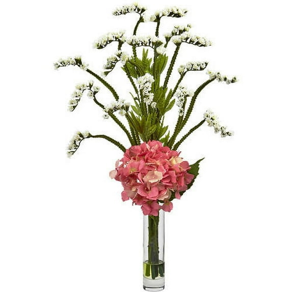Nearly Natural Hydrangea and Statice Bud Artificial Arrangement, White Pink