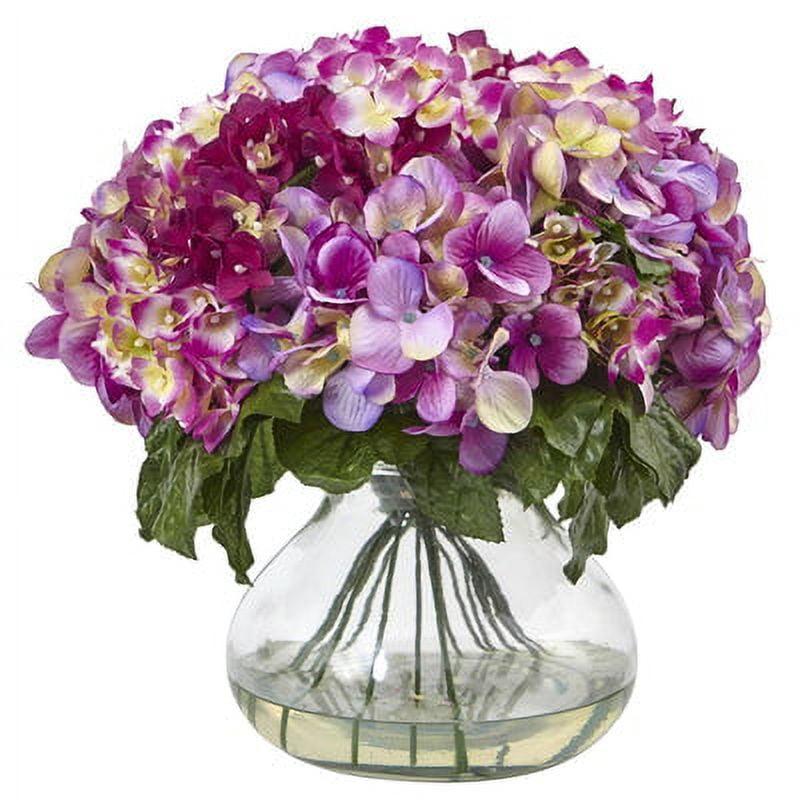 Lush Hydrangea and Fern 18" Outdoor Tabletop Arrangement in Glass Vase