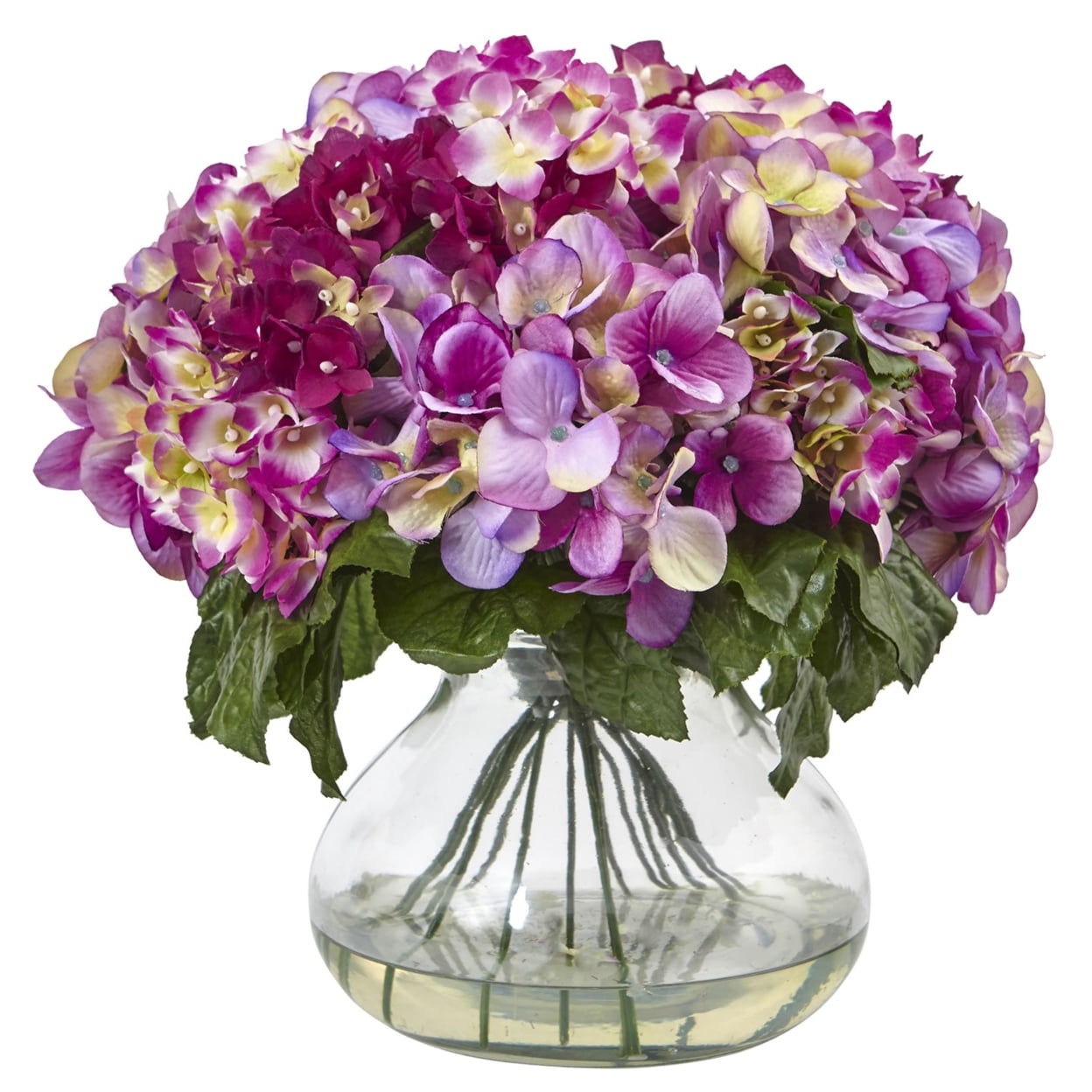 Lush Hydrangea and Fern 18" Outdoor Tabletop Arrangement in Glass Vase