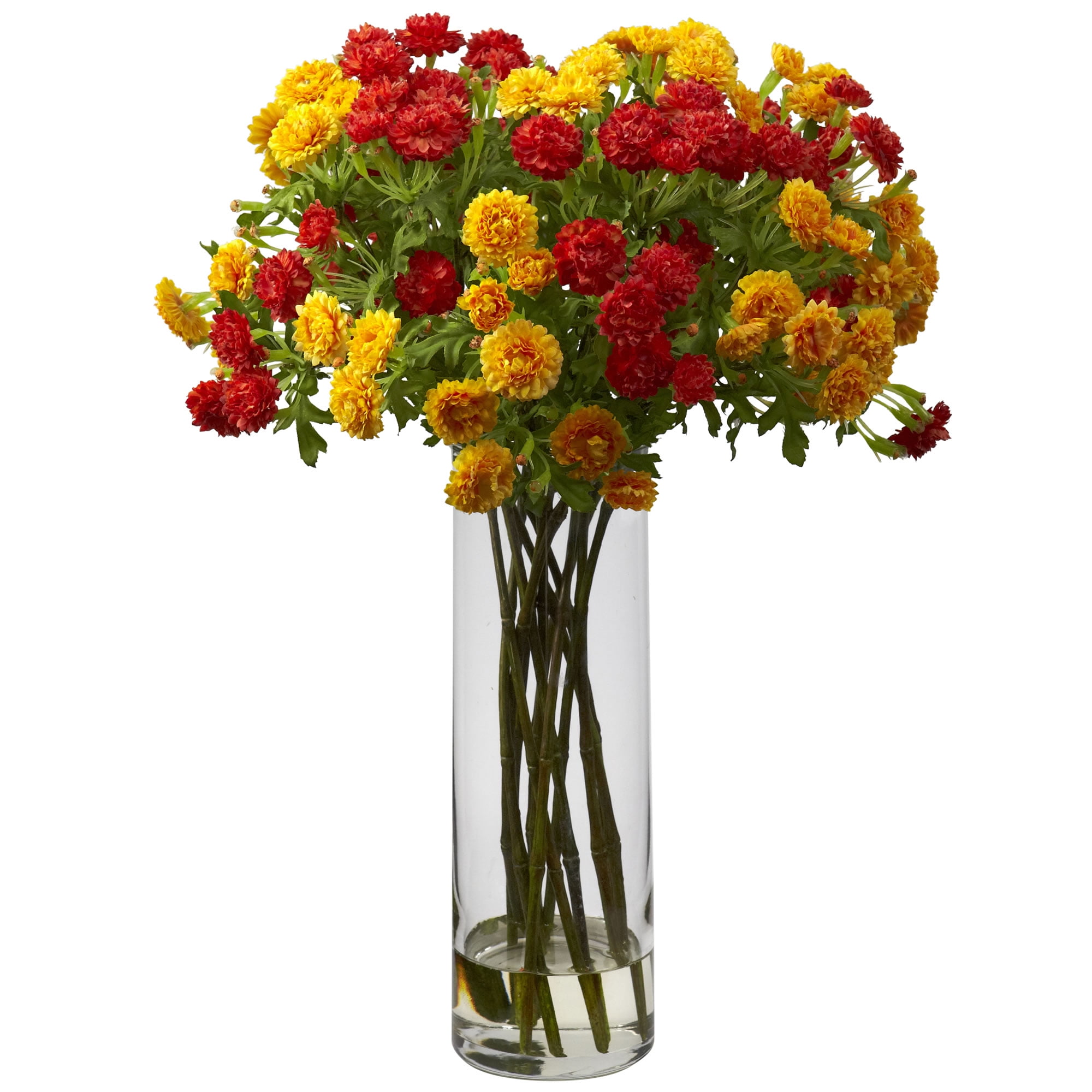 Yellow Japanese Silk Flower Arrangement in Tall Glass Vase