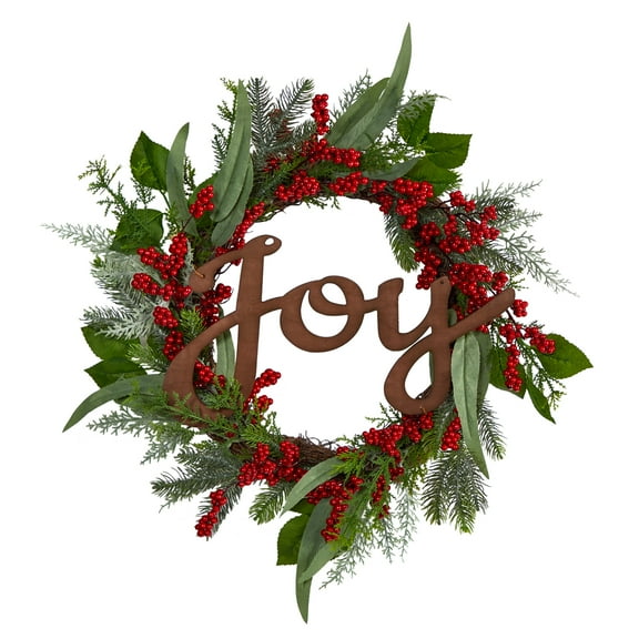 Nearly Natural Joy Berries Christmas Pine Unlit Wreath, 24" (Green)