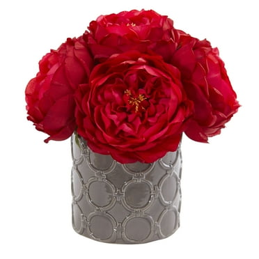 Nearly Natural Large Rose Artificial Arrangement in Gray Vase, Red
