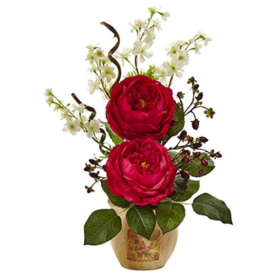 Nearly Natural Large Rose and Dancing Daisy with Wooden Pot in Red