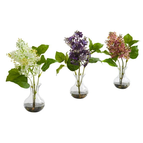 Nearly Natural Lilac Artificial Arrangement in Vase (Set of 3), Multi