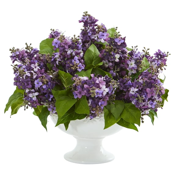 Nearly Natural Lilac Artificial Flower Arrangement in White Vase, Purple