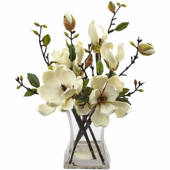 Nearly Natural Delicate Magnolia Blooms Arrangement with Vase in White/Clear