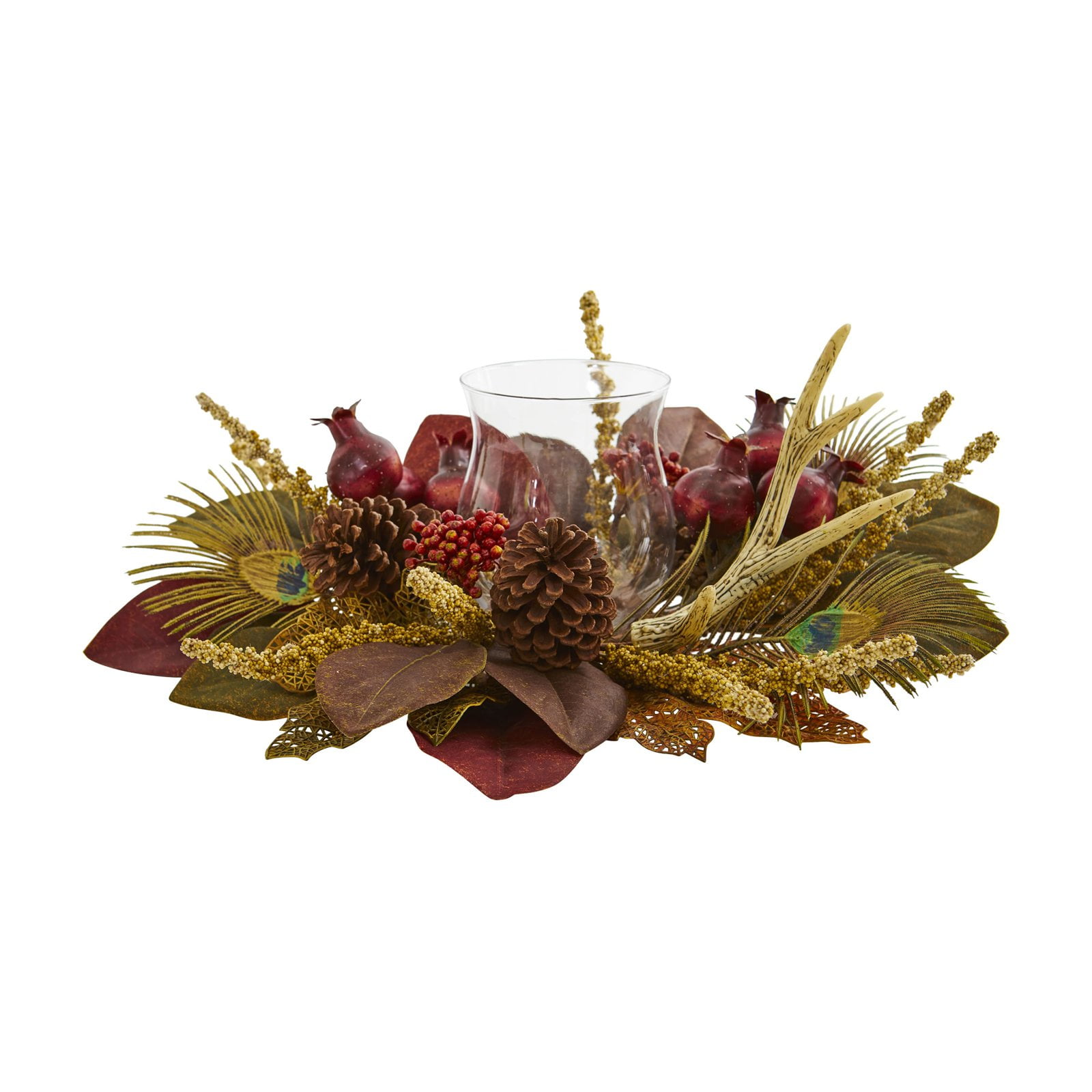 Nearly Natural Magnolia, Berry, Antler and Peacock Feather Artificial Candelabrum Arrangement