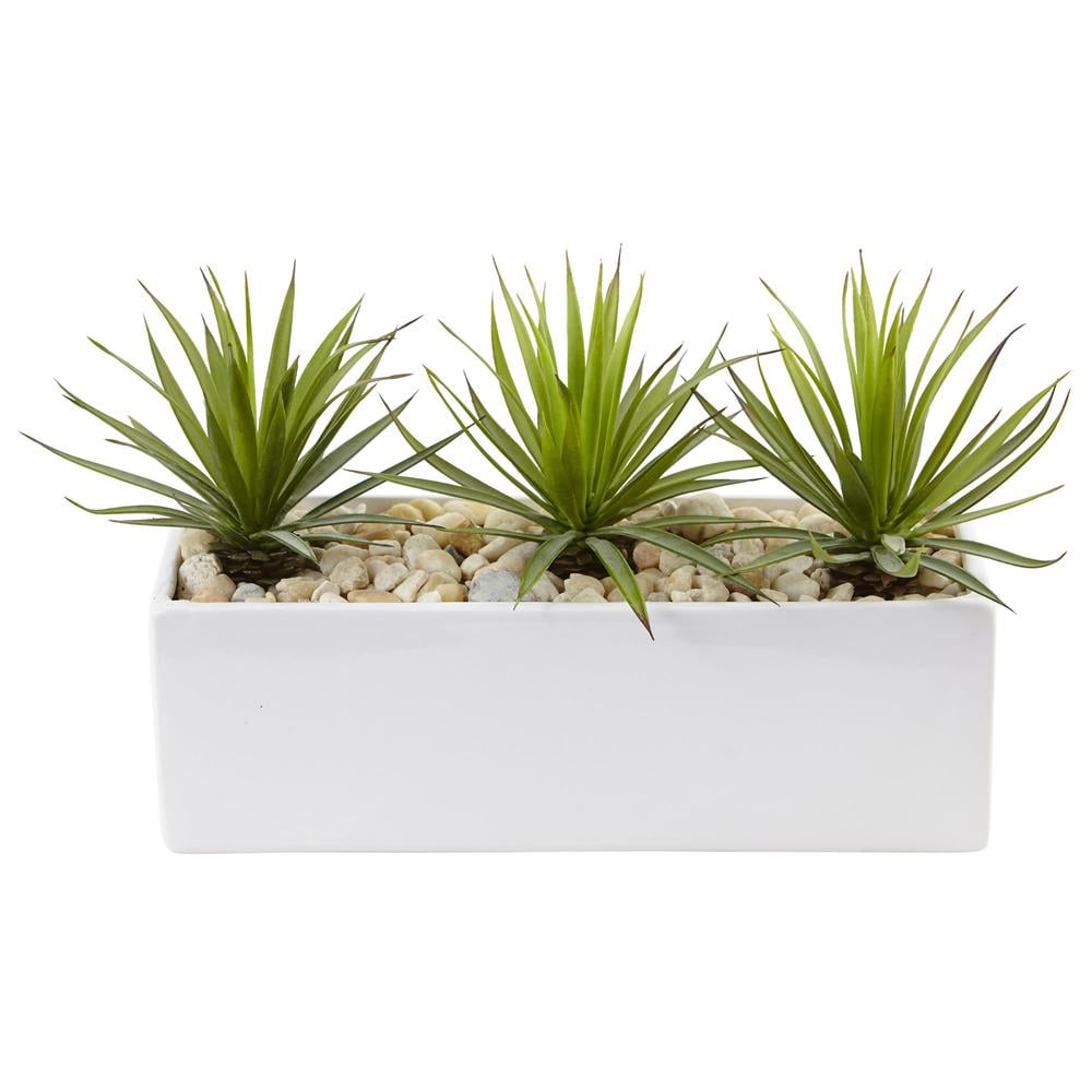 White Ceramic Rectangular Planter with Faux Agave Succulents