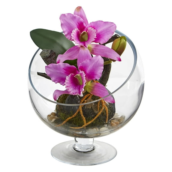 Nearly Natural Mini Orchid Cattleya Artificial Arrangement in Pedestal Vase