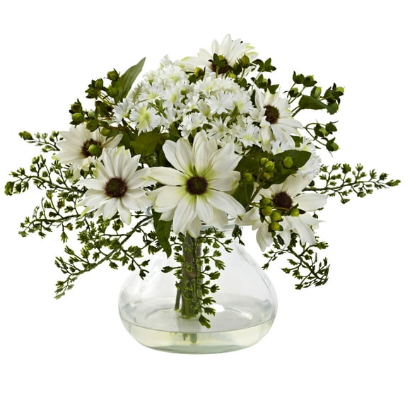 Nearly Natural Mixed Daisy Artificial Floral Arrangement with Vase, White
