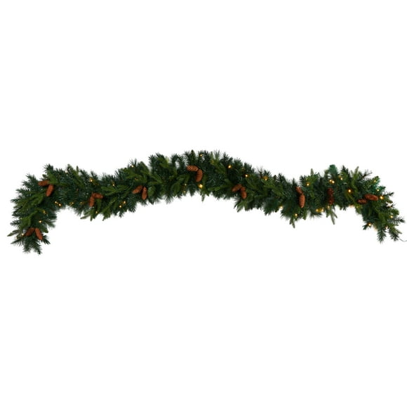 Nearly Natural Mixed Extra Wide Pine White Prelit LED Battery Operated Garland, with 286 Bendable Branches 108" (Green)