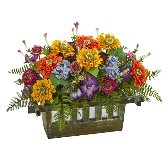 Nearly Natural Mixed Floral 14" Artificial Plant in Rectangular Wood Planter (Multicolor)