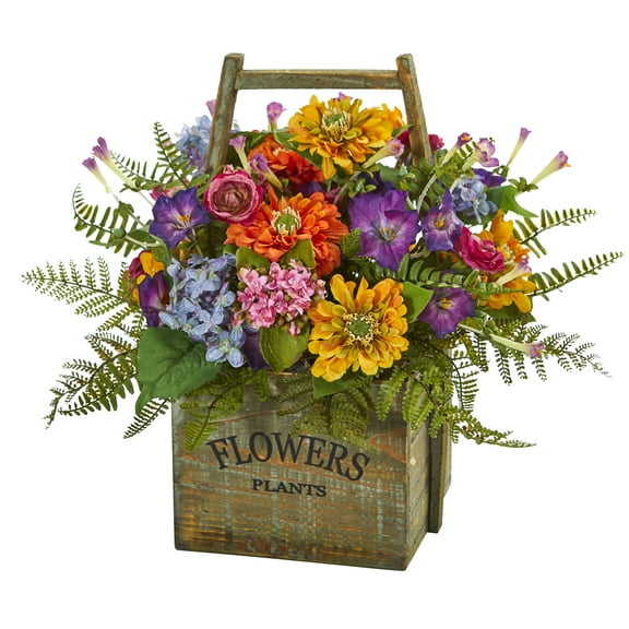 Nearly Natural Mixed Floral Artificial Flower Arrangement in Wood Basket, Multicolored