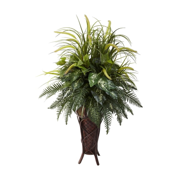 Nearly Natural Mixed Greens and Cattails Silk Plant with Stand