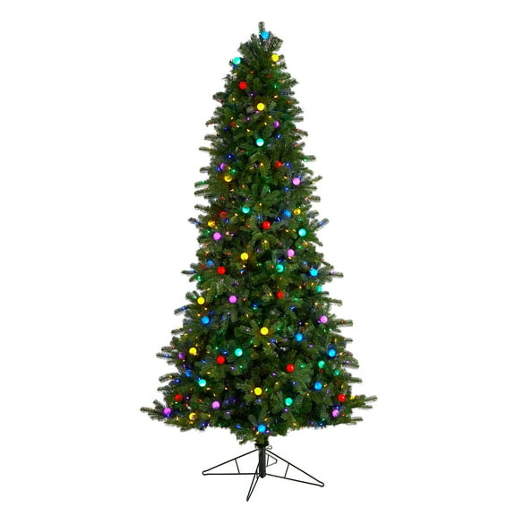 Nearly Natural Montana Mountain Fir Artificial Christmas Tree with Multi Color LED Lights and Instant Connect Technology, Globe Bulbs and Bendable Branches-Size:102 inch