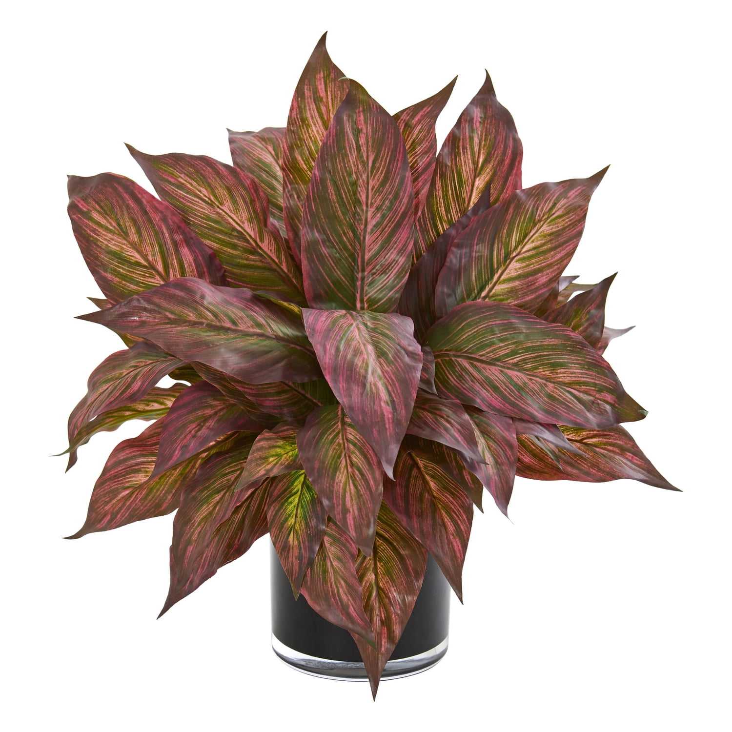 17" Burgundy Musa Leaf Artificial Plant in Glossy Black Vase