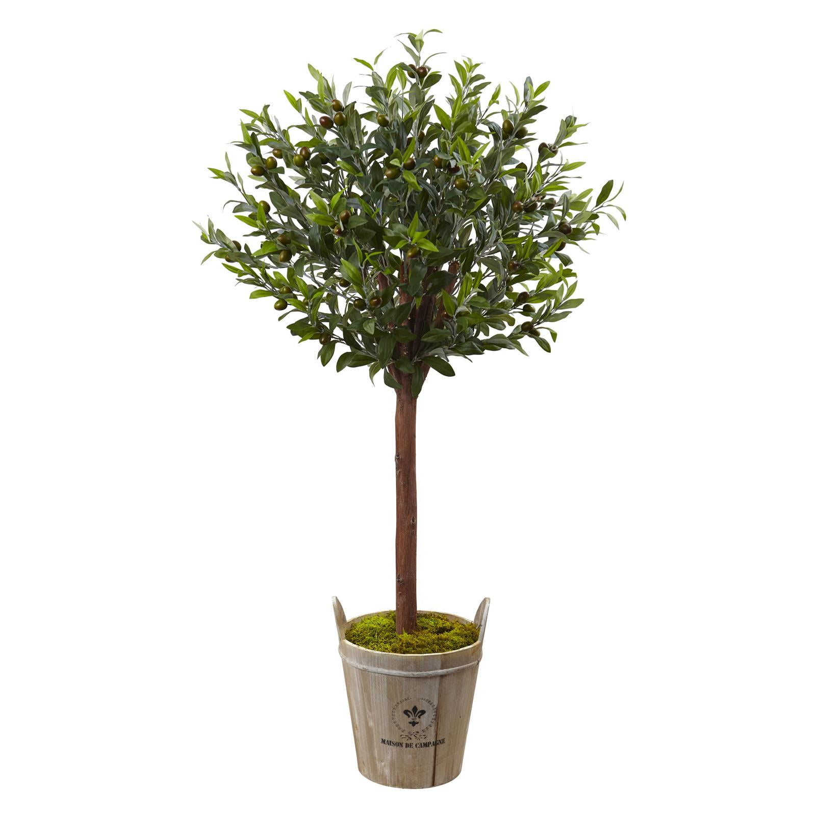 Elegant 4.5' Silk Olive Topiary Tree in Farmhouse Barrel Planter