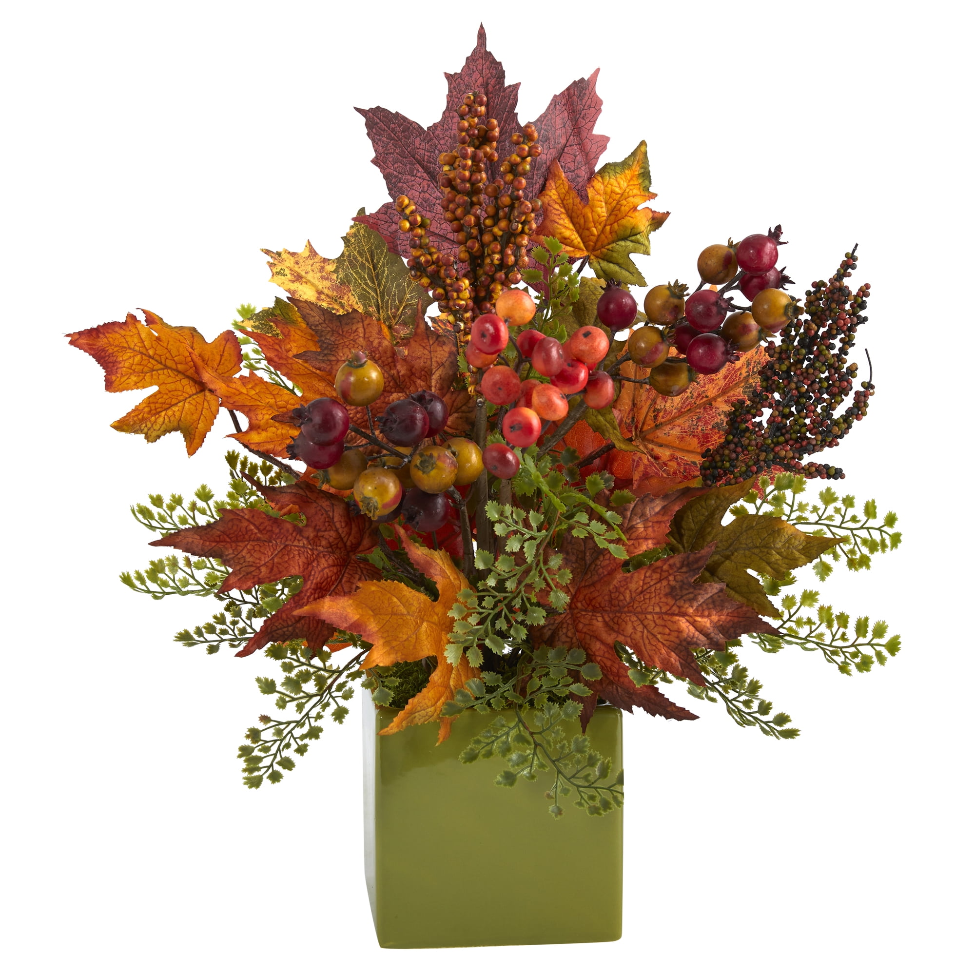 Nearly Natural Orange 17" Maple Leaf, Berries and Maiden Hair Artificial Flowers in Green Vase