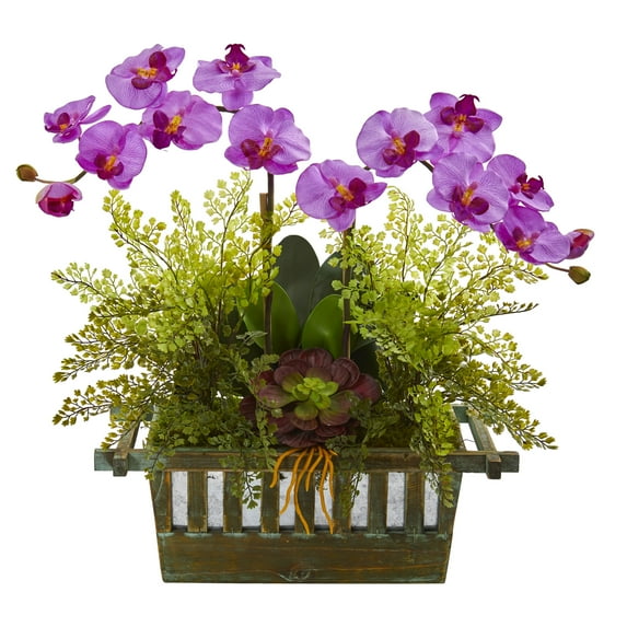 Nearly Natural Orchid, Succulent and Maiden Hair Artificial Flower Arrangement, Purple
