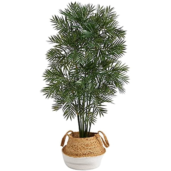 Nearly Natural 4ft. Parlor Palm Artificial Tree in Boho Chic Handmade Cotton & Jute White Woven Planter