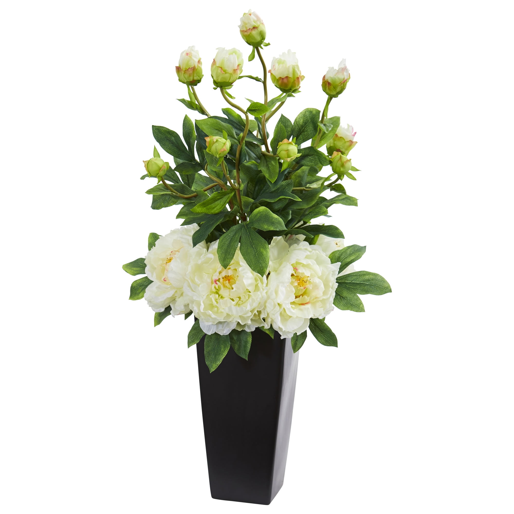 Nearly Natural Peony Artificial Arrangement in Black Vase