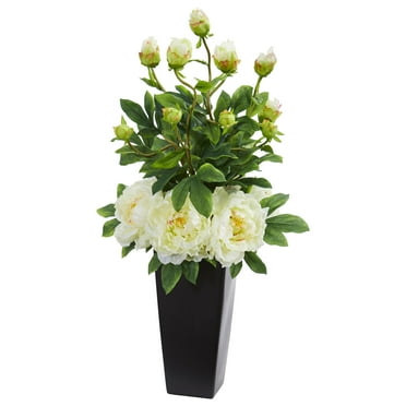 Nearly Natural Peony Artificial Arrangement in Black Vase
