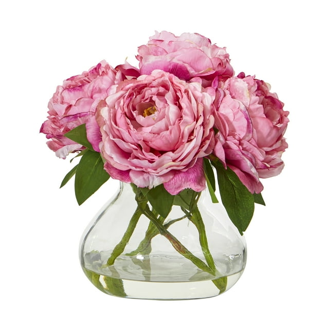 Nearly Natural Peony Artificial Arrangement in Glass Vase, Pink