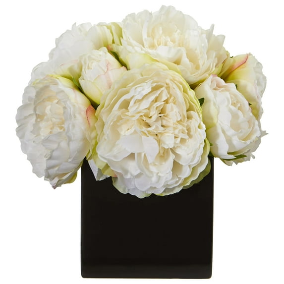Nearly Natural Peony Artificial Flower Arrangement in Black Vase, White