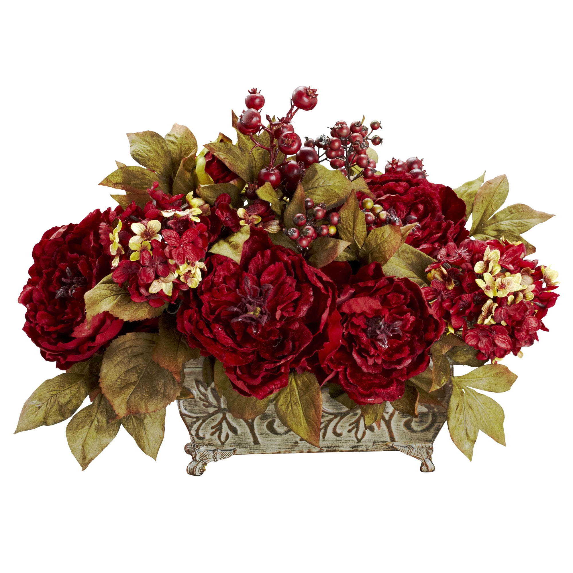 Red and Yellow Silk Peony Hydrangea Centerpiece with Metal Vase