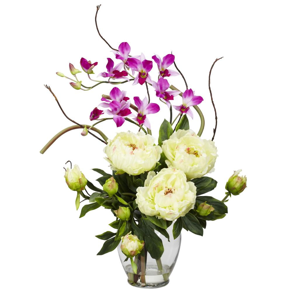 Colorful Peony and Orchid Silk Flower Arrangement in Glass Vase