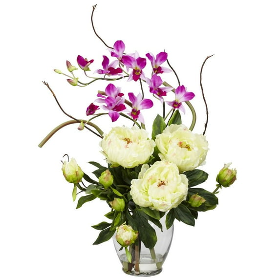 Nearly Natural Peony & Orchid Silk Flower Arrangement, White