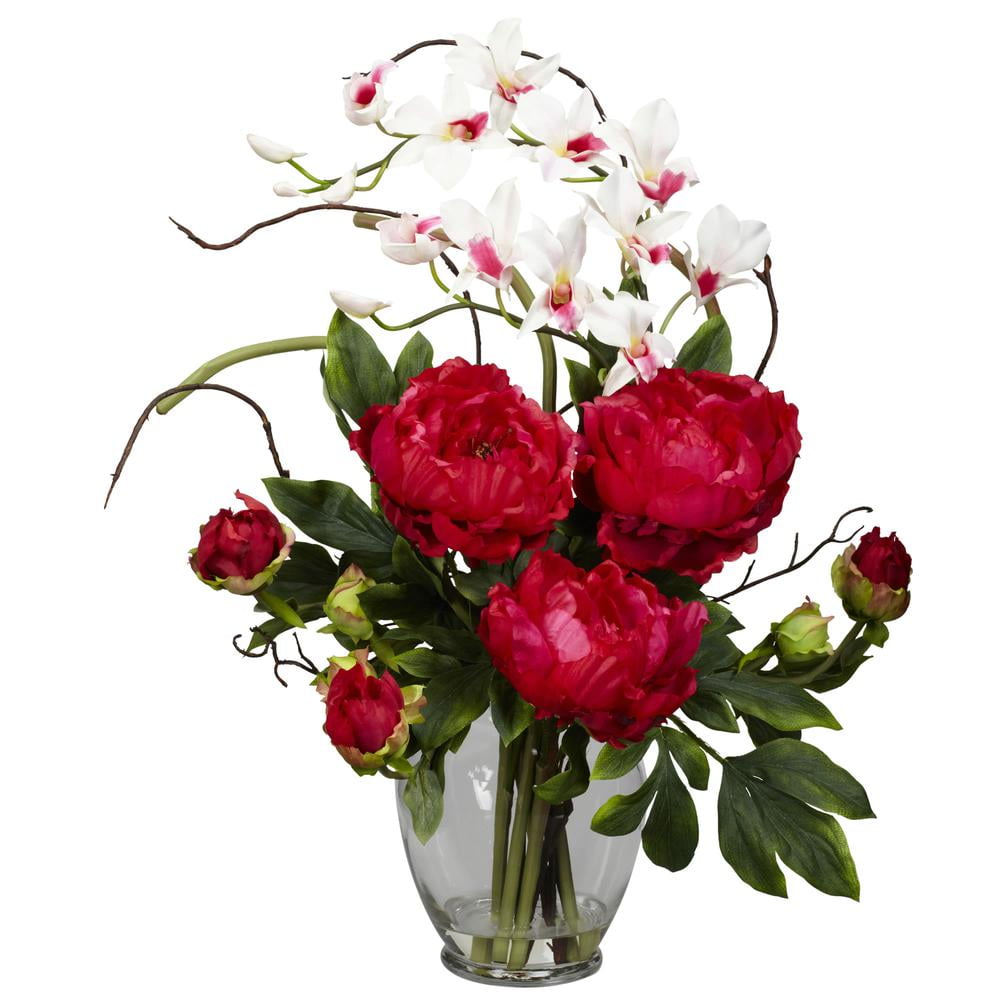 Multicolor Peony and Orchid Silk Flower Arrangement in Glass Vase