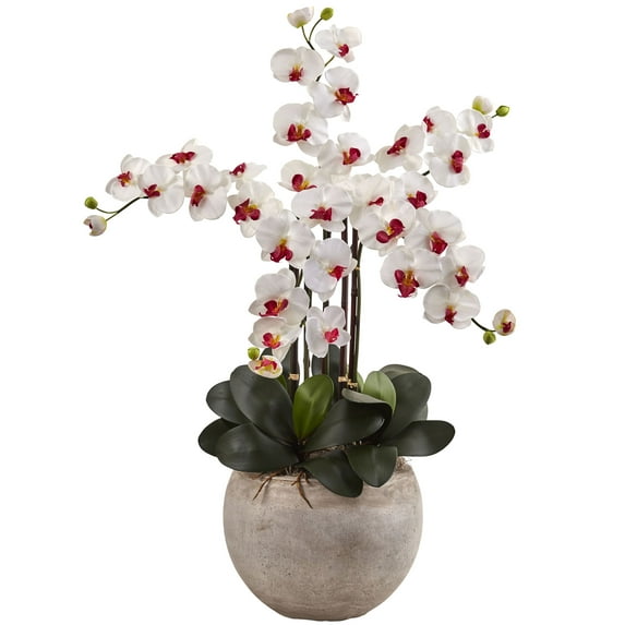 Nearly Natural Phalaenopsis Orchid Arrangement with Sand Colored Bowl