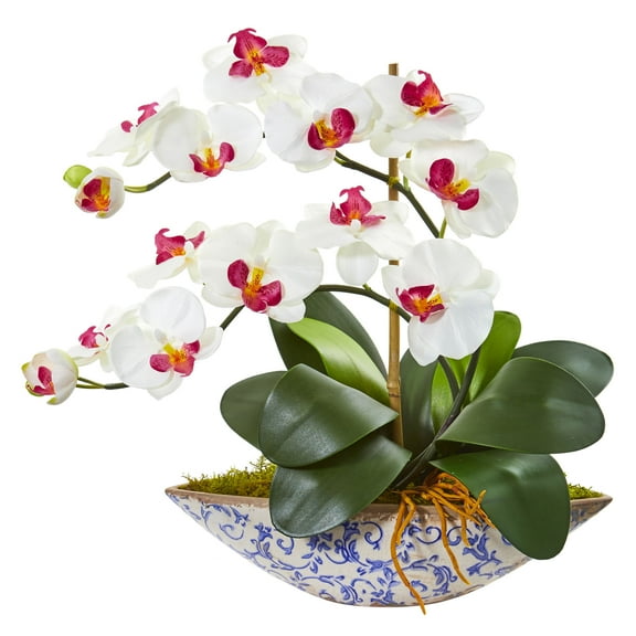 Nearly Natural Phalaenopsis Orchid Artificial Flowers in Vase, White
