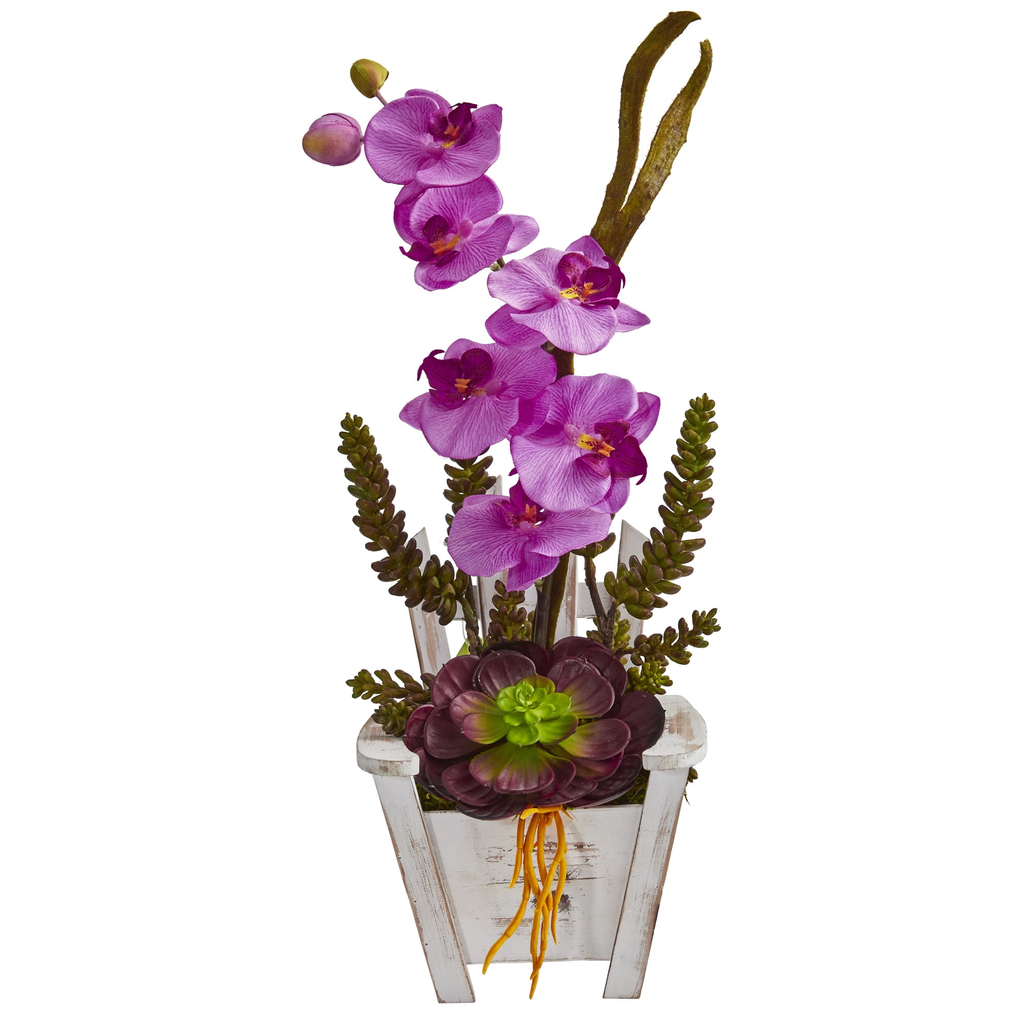 Nearly Natural Phalaenopsis Orchid & Succulent Artificial Arrangement in Chair Planter, Mauve