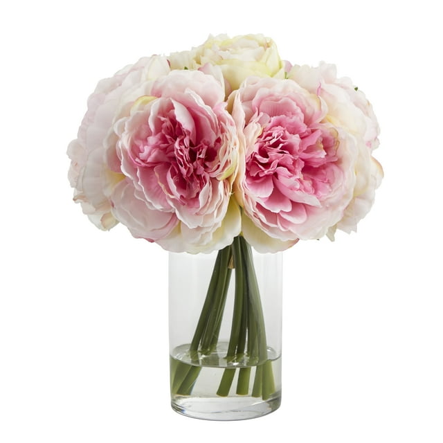 Nearly Natural Pink 11" Peony Bouquet Artificial Plant in Glass Vase