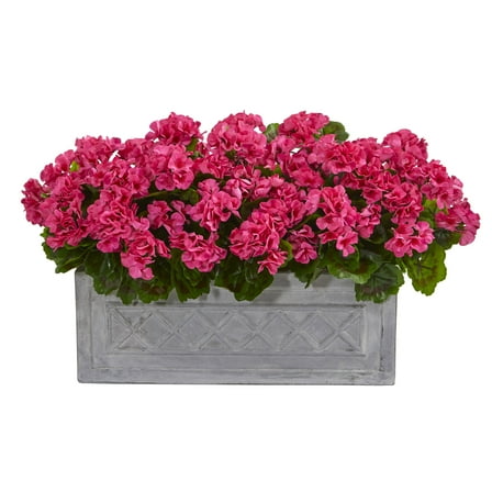 Nearly Natural Pink 18" Geranium Artificial Plant in Stone Planter UV Resistant