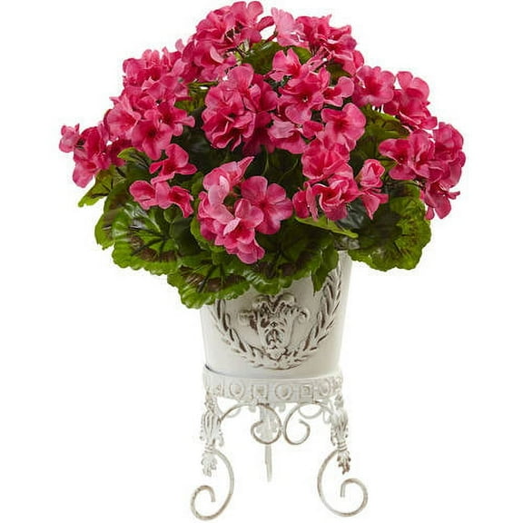 Nearly Natural Pink Geranium Artificial Flower with Metal Planter, UV Resistant (Indoor/Outdoor)