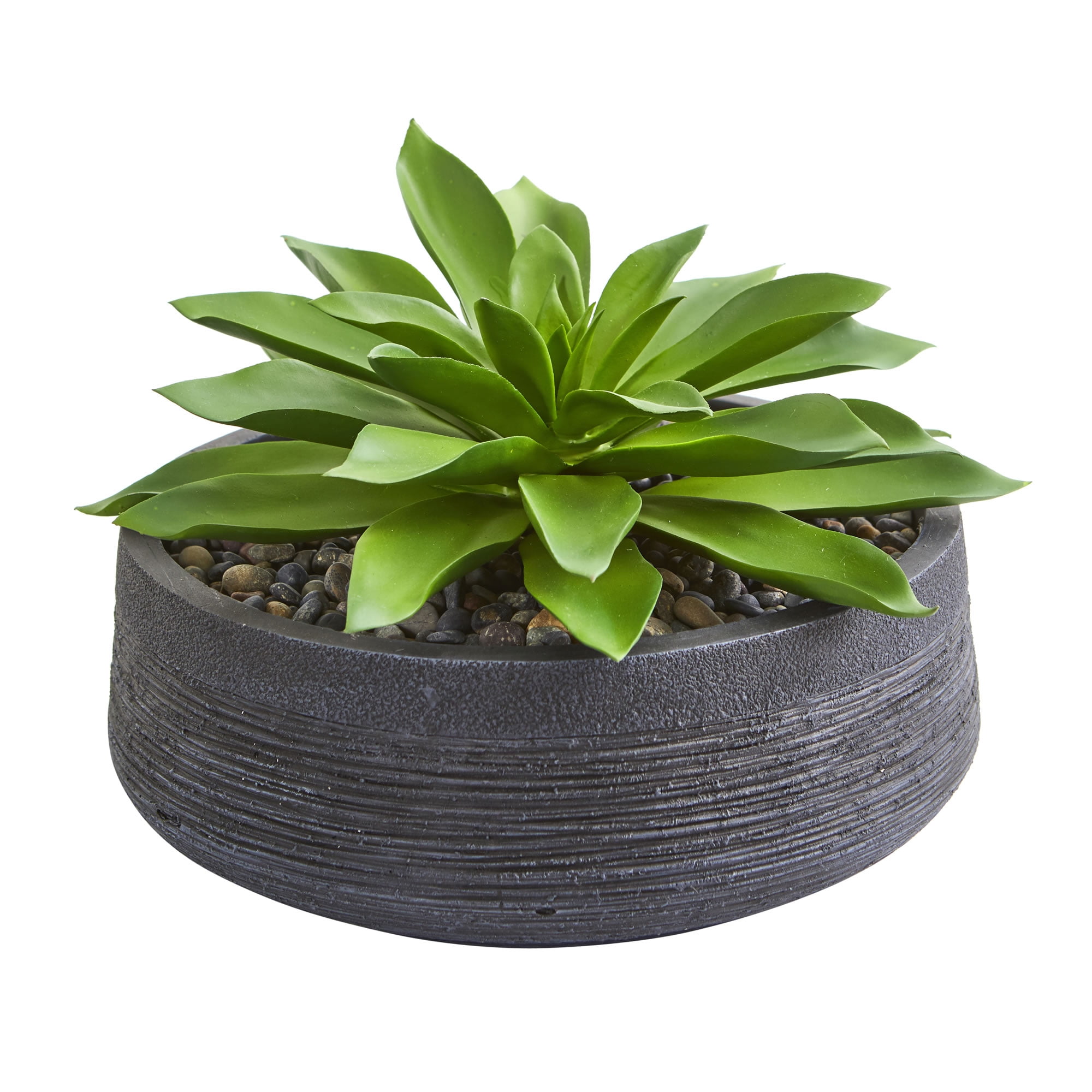Large Green Plastic Succulent in Textured Black Decorative Bowl