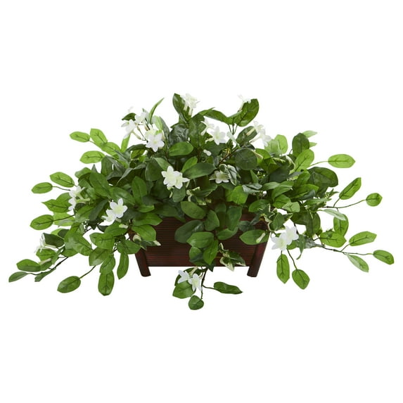 Nearly Natural Plastic 14" Mix Stephanotis Artificial Plant in Decorative Planter, Green