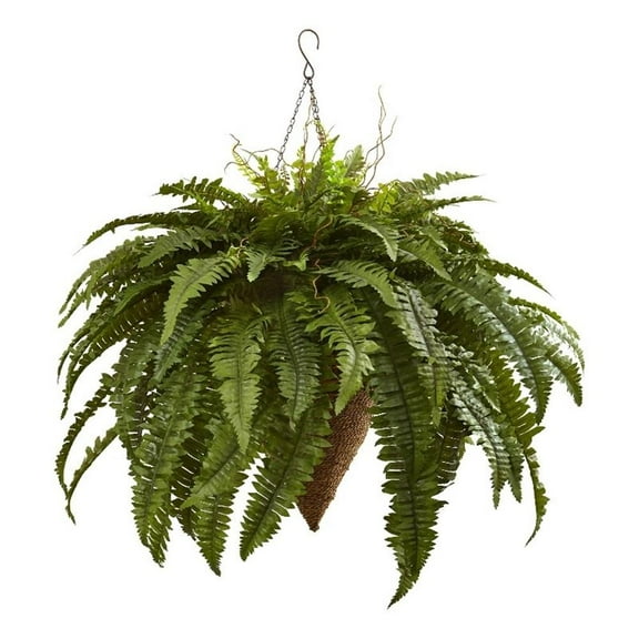 Nearly Natural Plastic 26" Giant Boston Fern Artificial Plant with Hanging Basket, Green
