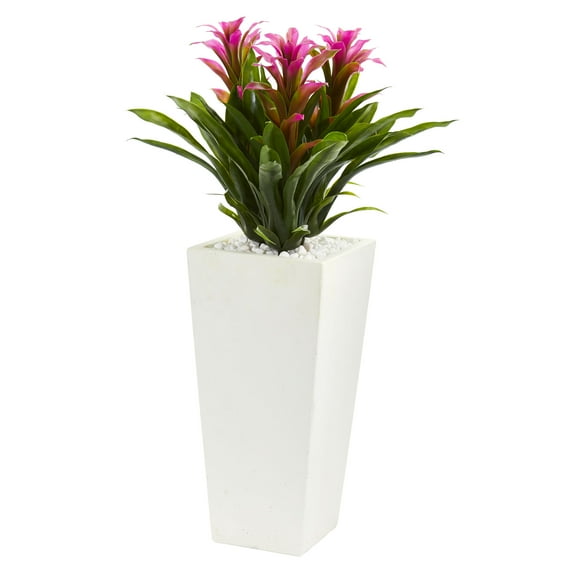 Nearly Natural Plastic 26" Purple Triple Bromeliad Artificial Plant in White Tower Planter