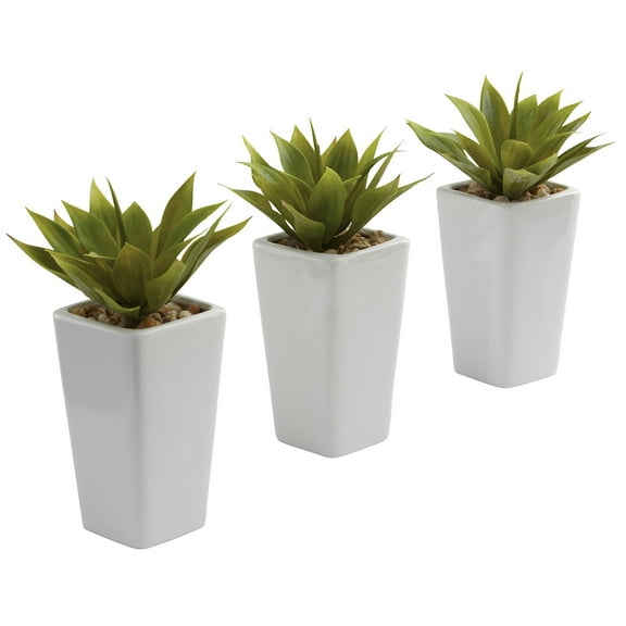 Nearly Natural Plastic 9" Green Mini Agave Artificial Plant with Planter (Set of 3)