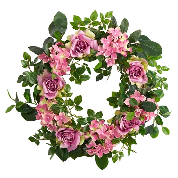 Nearly Natural Plastic All Occasion Hydrangea Rose Artificial Wreath, 22" (Multicolor)