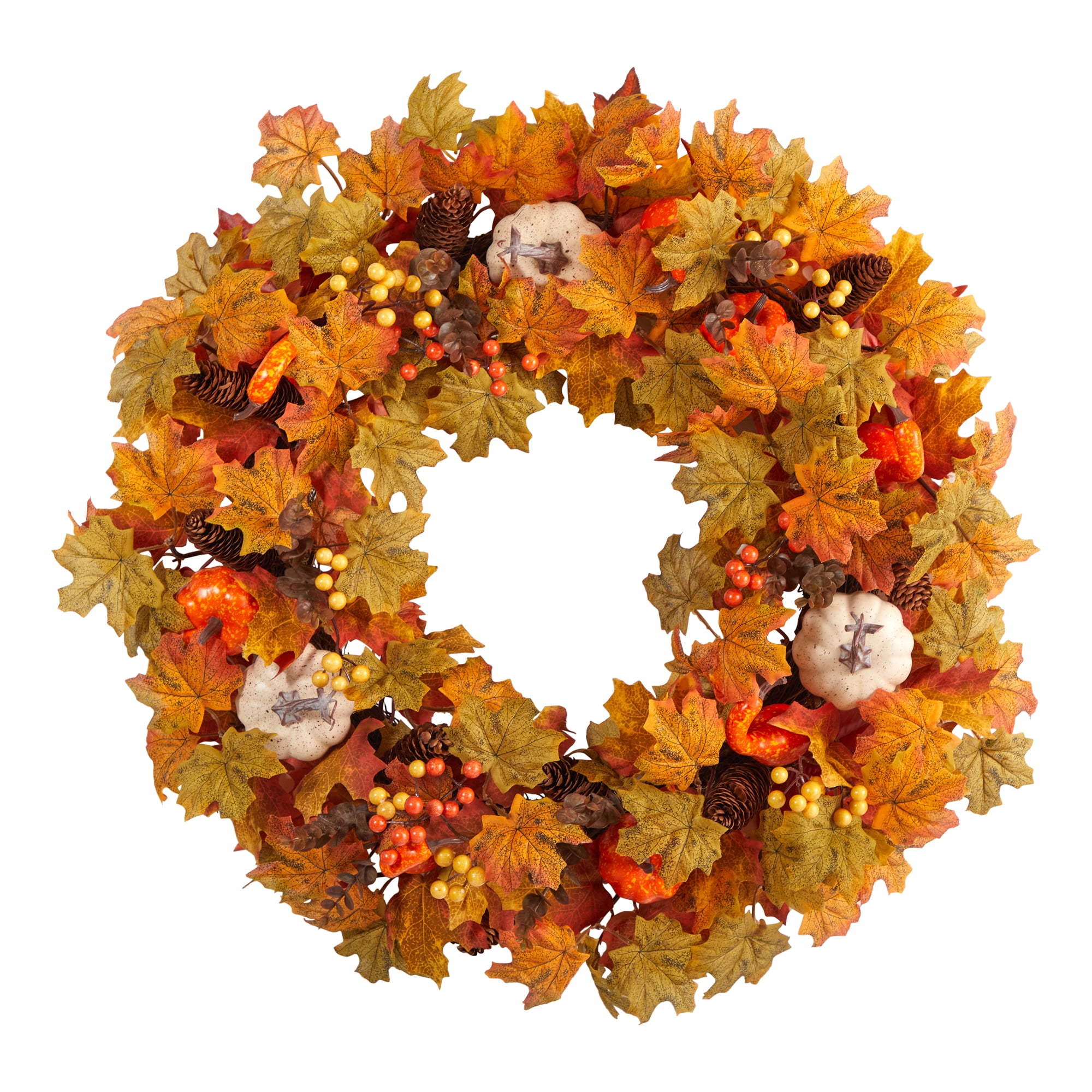 Nearly Natural Plastic Autumn Artificial Fall Wreath, with Pumpkin, Maple Leaf 30" (Orange)