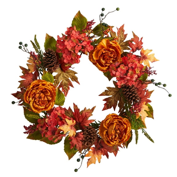 Nearly Natural Plastic Ranunculus Autumn Artificial Wreath, with Hydrangea, 25" (Multicolor)